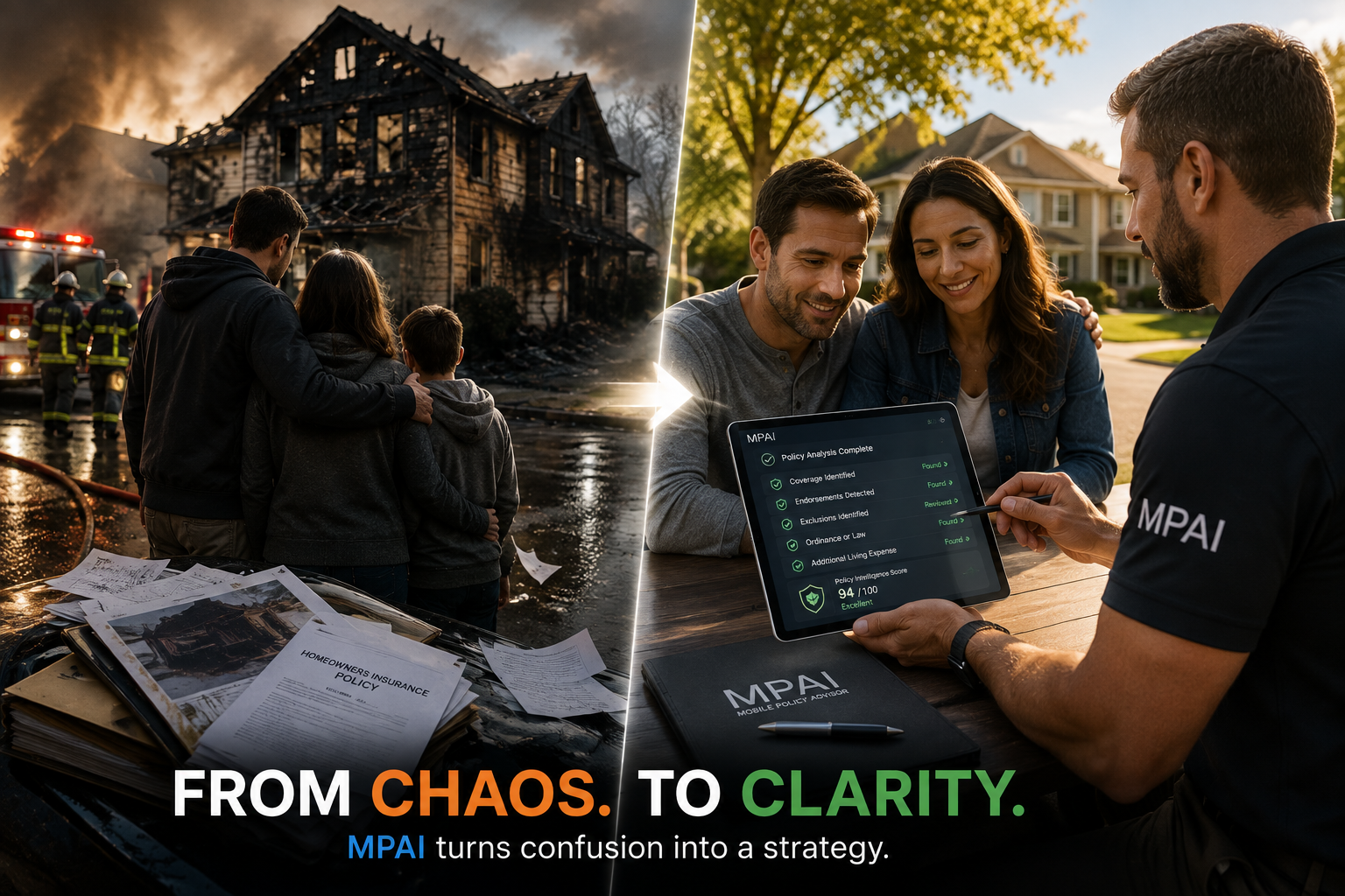 Split scene: a family outside a fire-damaged home with scattered policy papers, beside a public adjuster reviewing an MPAI policy analysis on a tablet