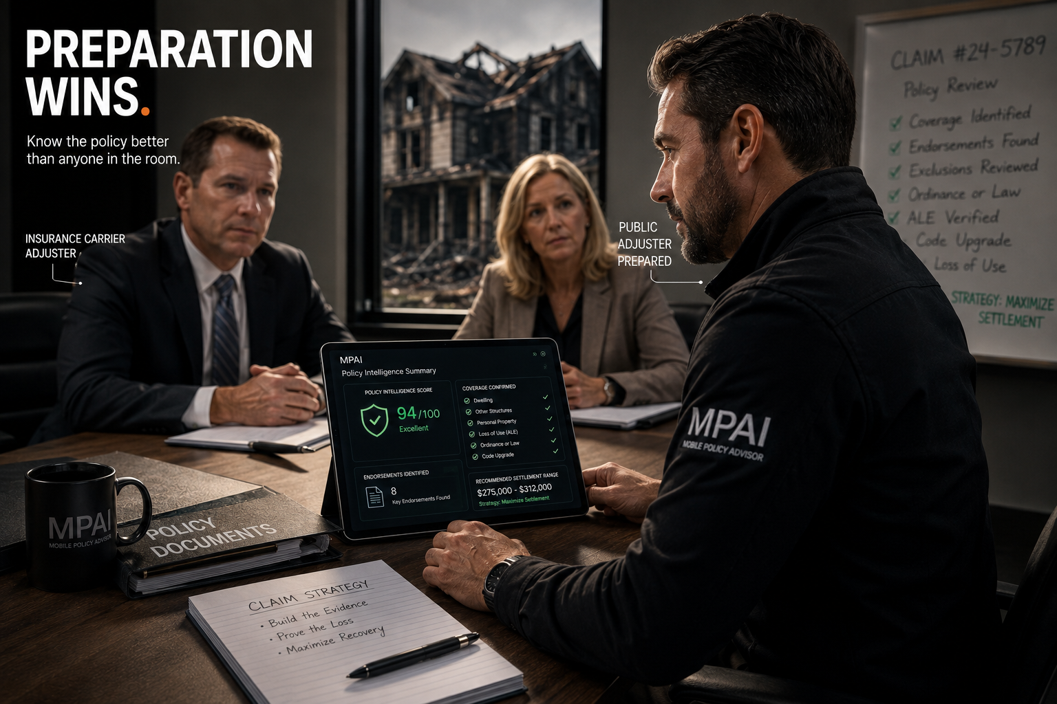 Public adjuster presenting an MPAI policy intelligence summary on a tablet across the table from an insurance carrier adjuster